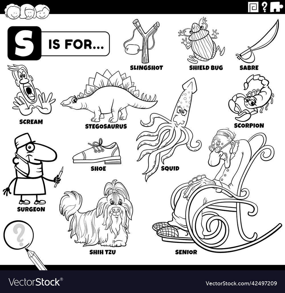 Letter s words educational set coloring book page vector image