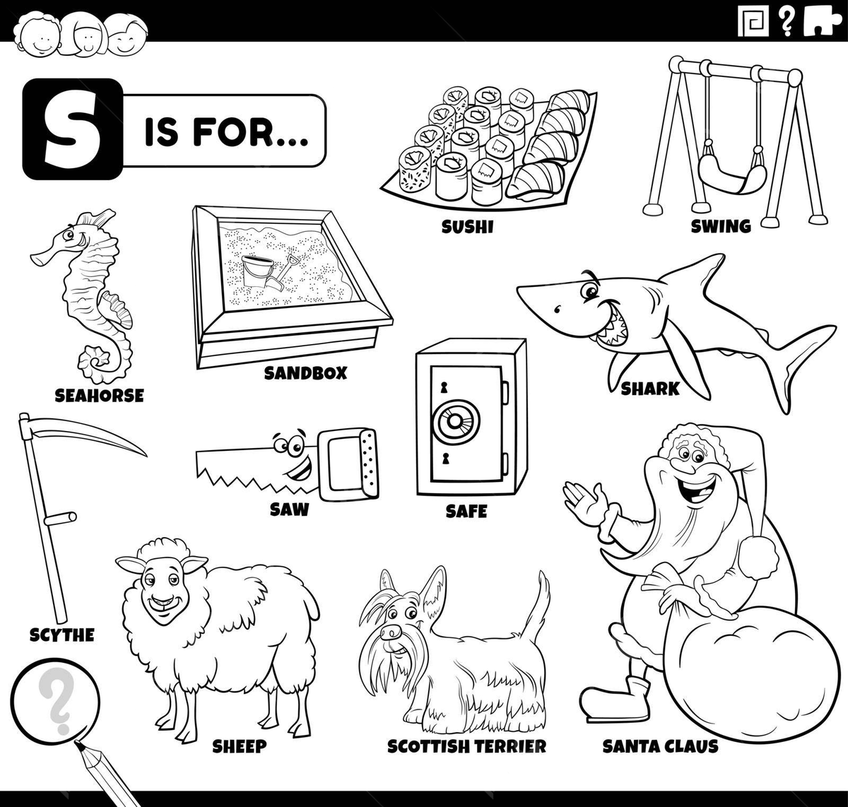 Educational coloring page set featuring words starting with the letter s vector sushi animals coloring book png and vector with transparent background for free download