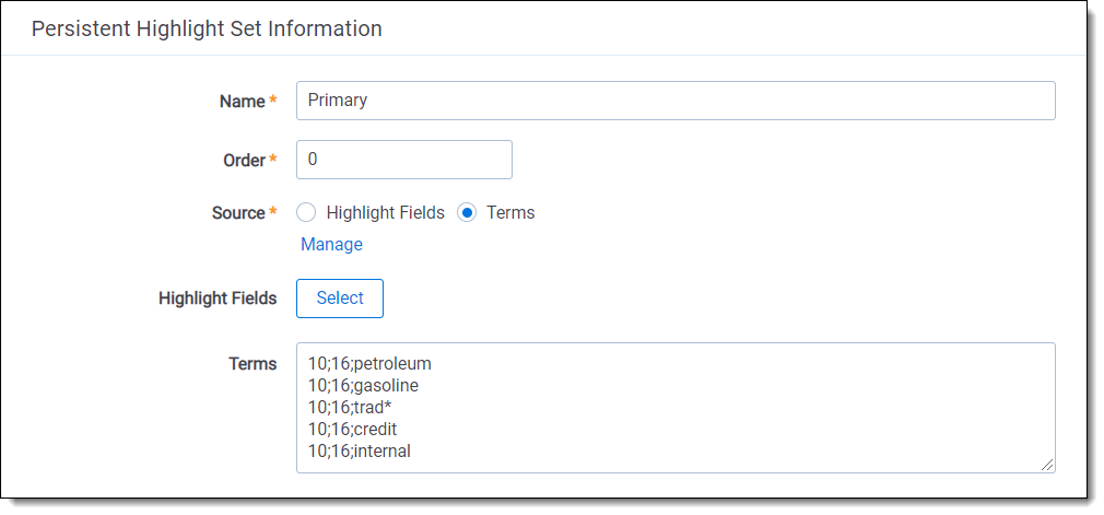 Entering highlight terms