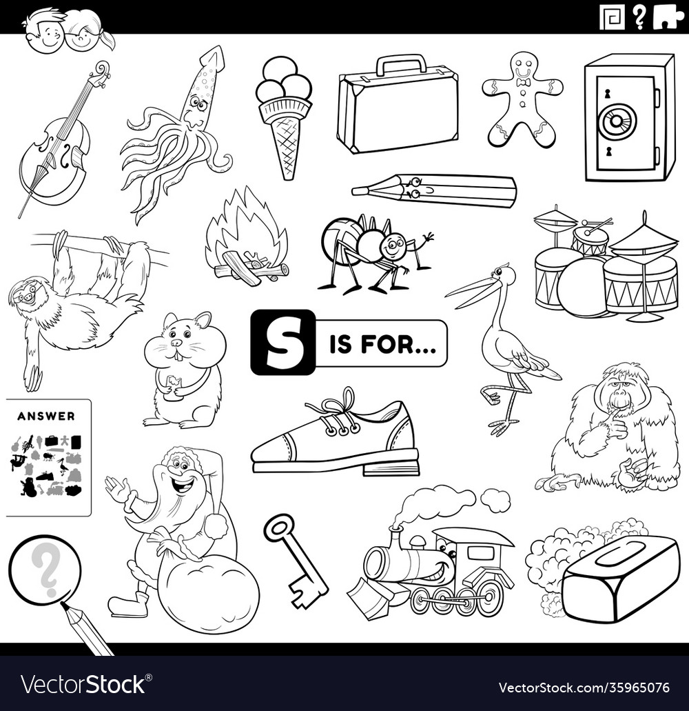 Letter s words educational task coloring book page