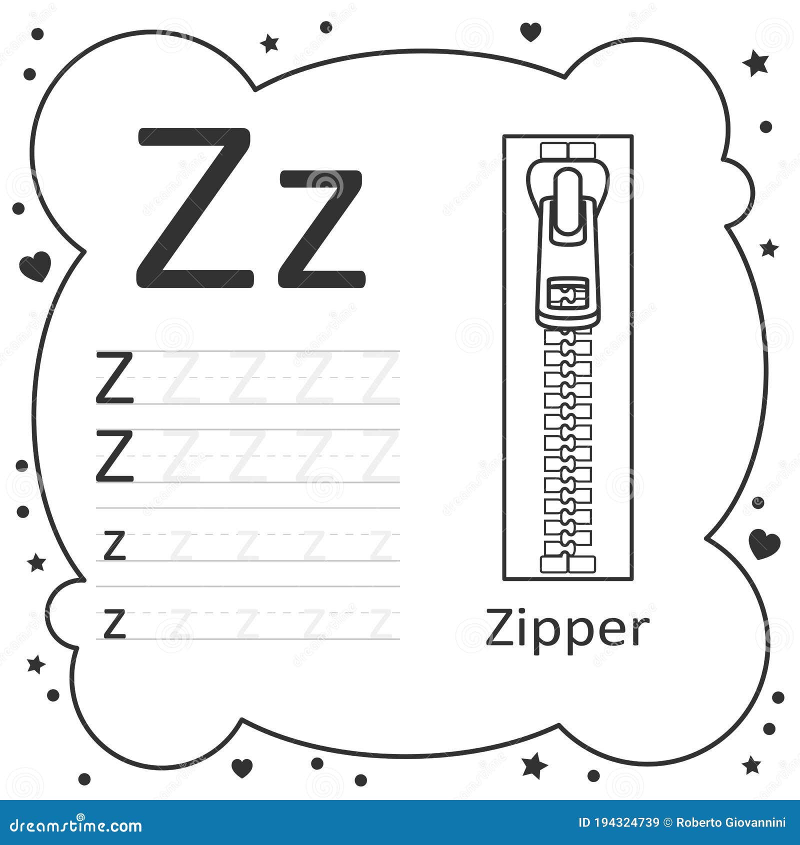 Coloring alphabet tracing letters zipper stock vector