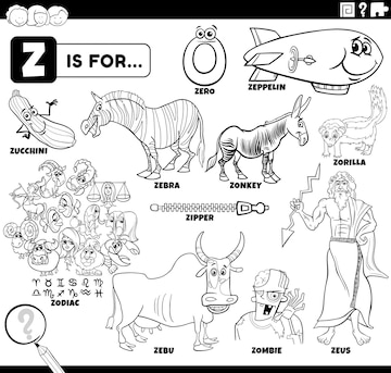 Premium vector letter z words educational cartoon set coloring page