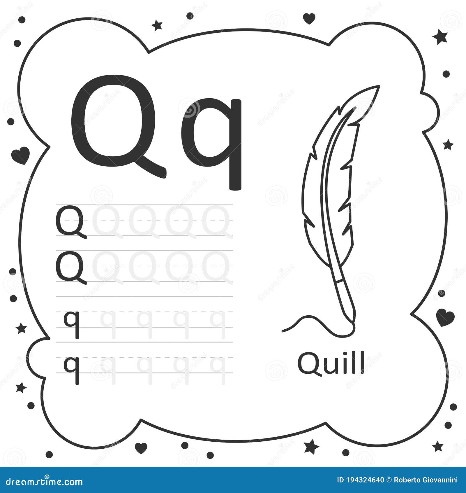 Coloring alphabet tracing letters quill stock vector