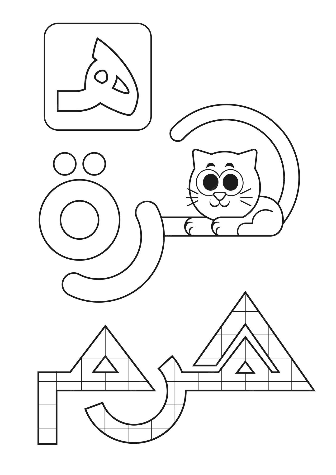 Premium vector letter number in arabic alphabet translation cat and pyramid coloring page activity for kids