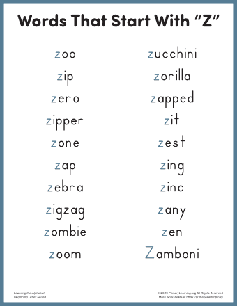 Words that start with z for kindergarten