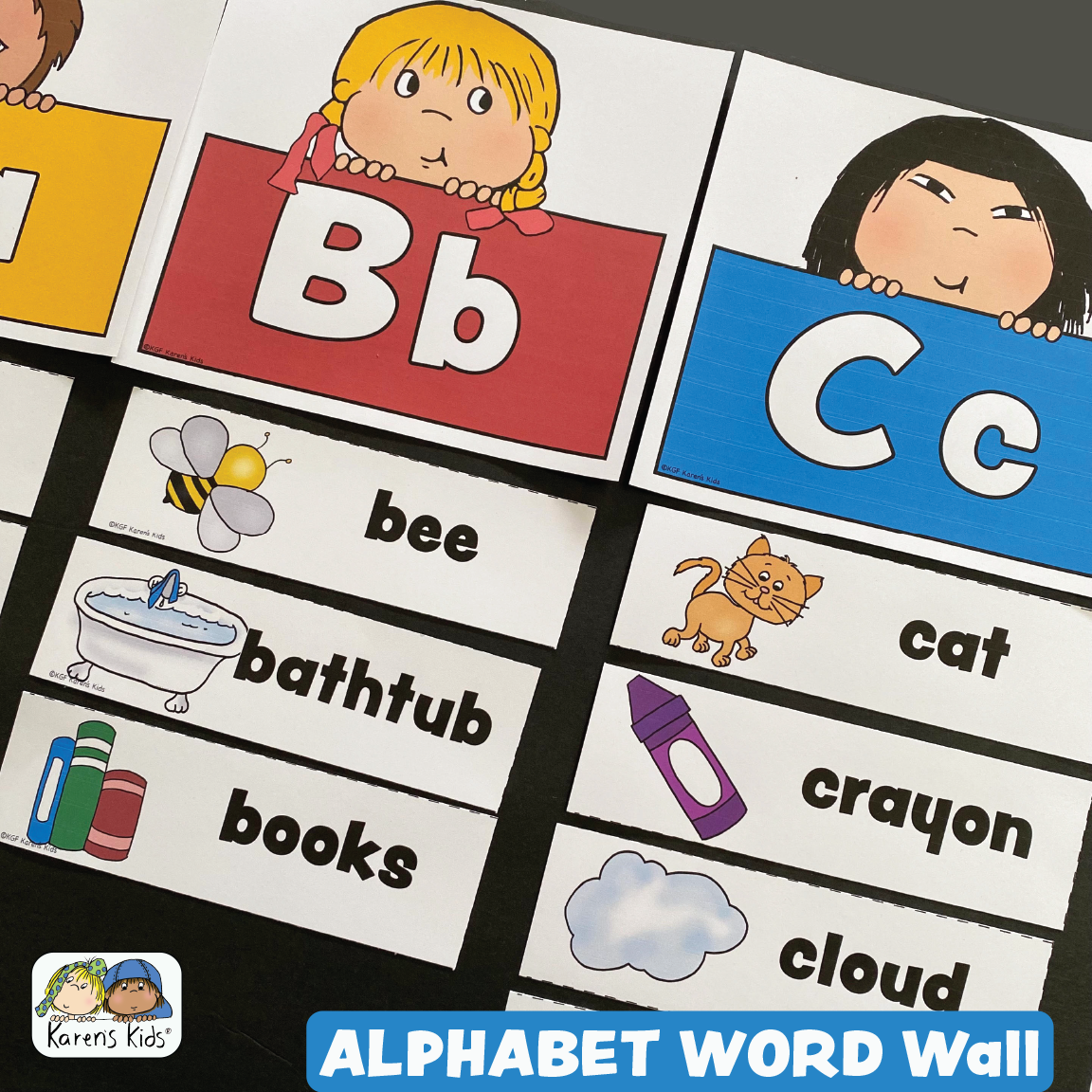 Alphabet word wall bulletin board headers pictures words karens â karens kids studio