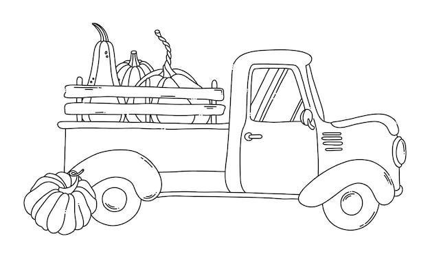 Premium vector black contour truck with pumpkins coloring page elements