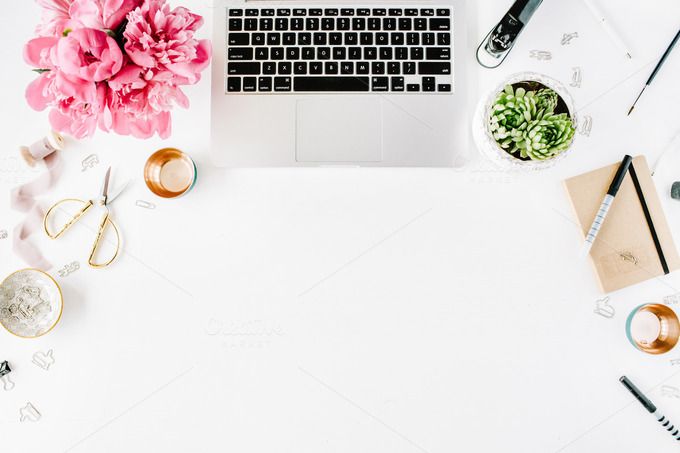 Home office workplace wallpaper flatlay stock photos