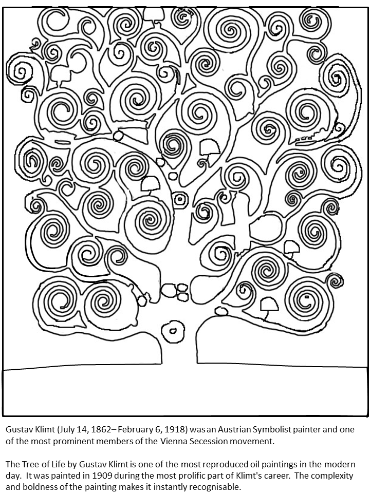 Print coloring page and book austria klimt treeoflife countries coloring pages for kids of all ages updated on tuesday apriâ klimt klimt art coloring pages