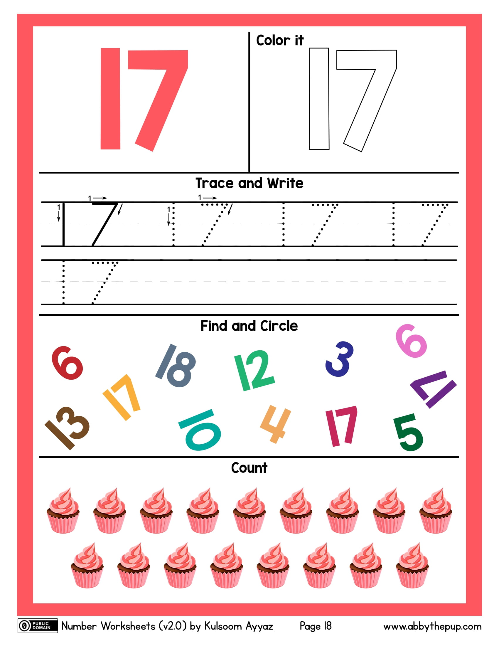 Number color trace write find and count worksheet free printable puzzle games