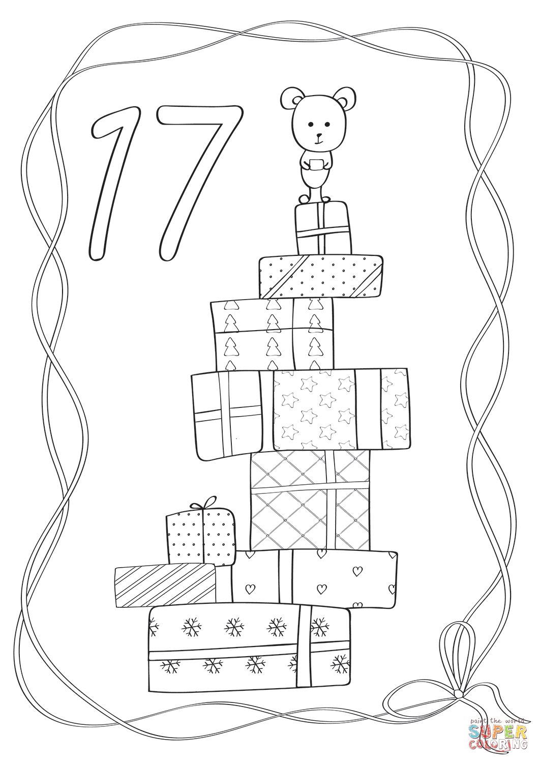 December with a mouse on top of christmas presents coloring page free printable coloring pages