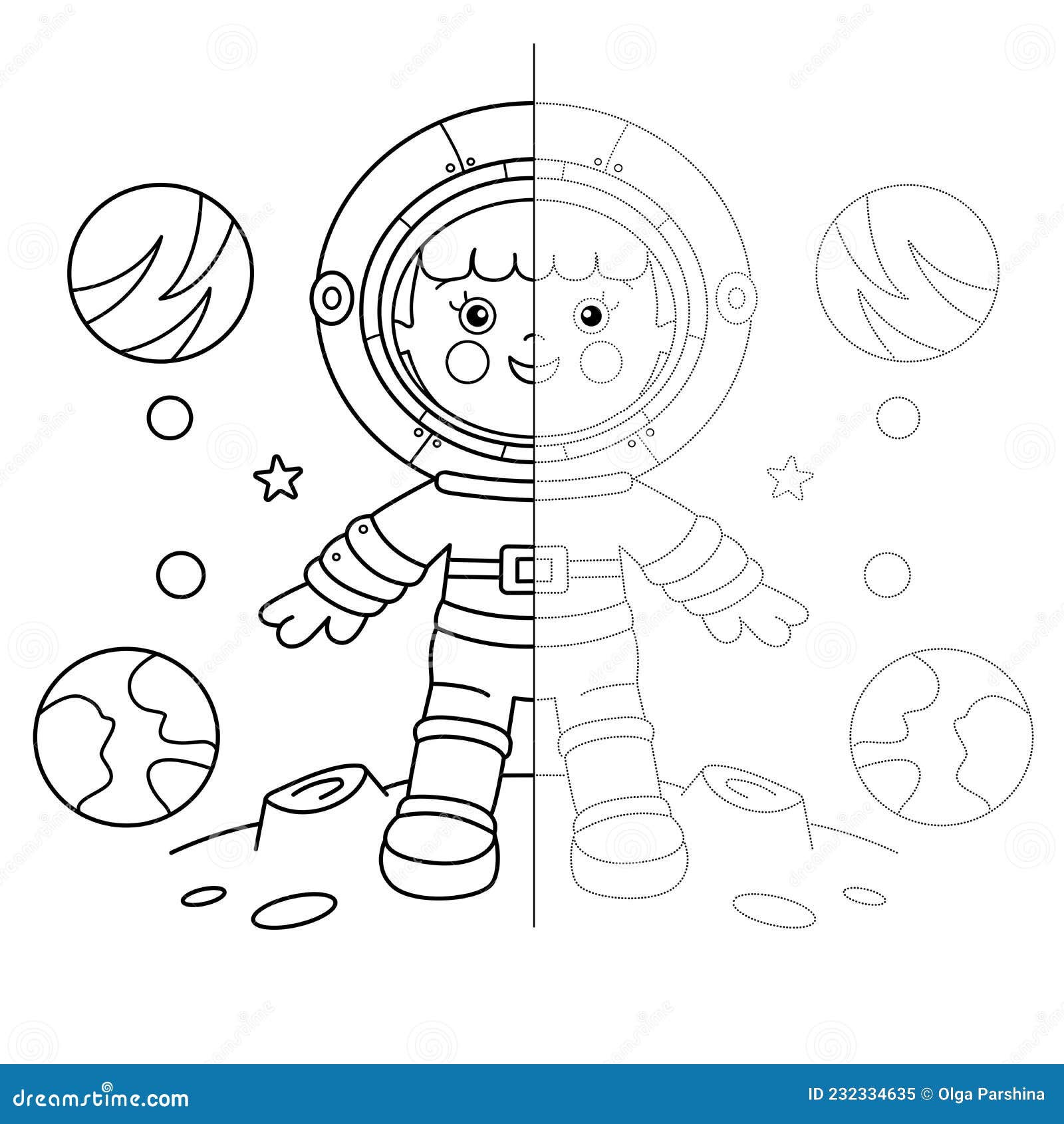 Draw symmetrically connect the dots picture tracing worksheet coloring page outline of cartoon astronaut in space coloring stock vector