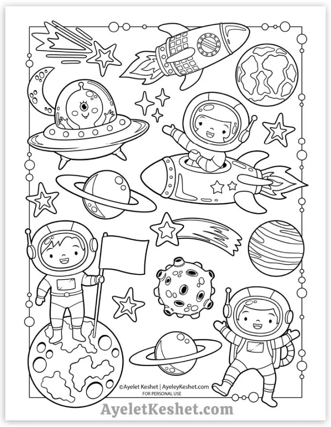 Outer space coloring page for kids free printable