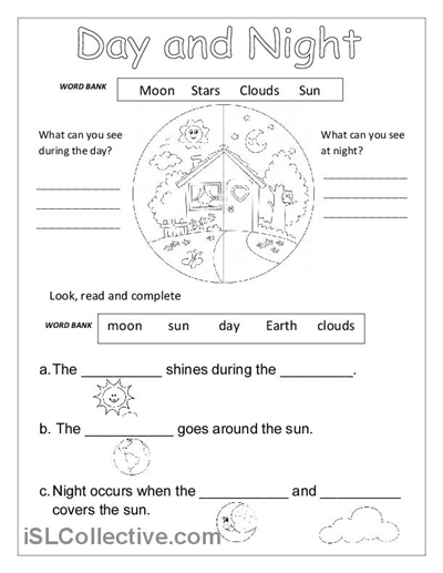 Day and night for kids worksheets