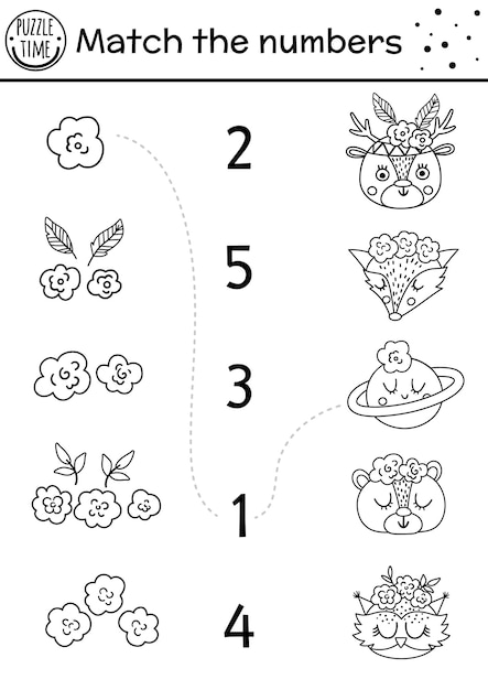 Premium vector mothers day black and white matching game with cute animals and head decoration holiday math line activity for preschool kids with flowers printable counting worksheet or coloring pagexa