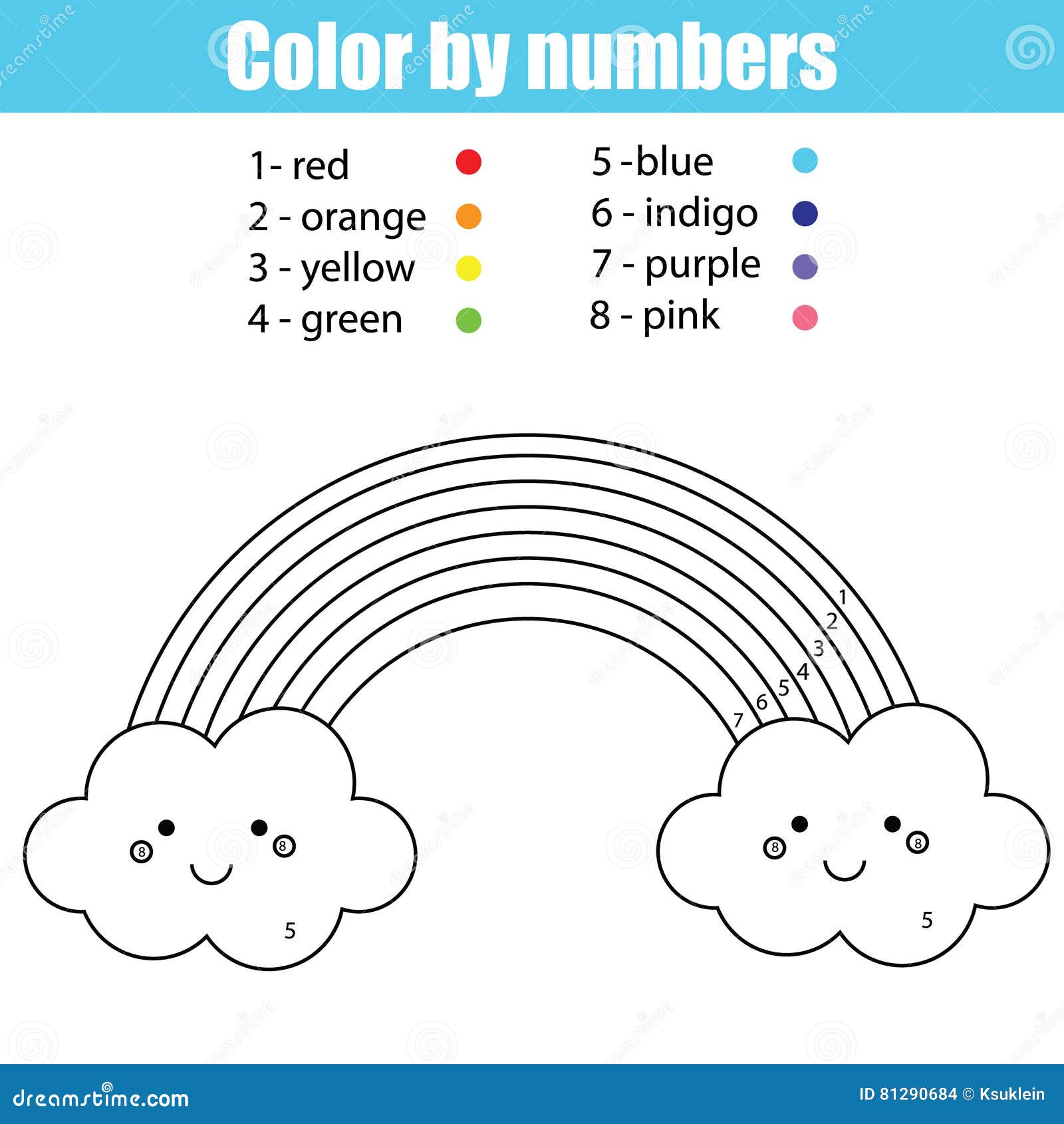 Coloring page with cute kawaii rainbow color by numbers stock vector