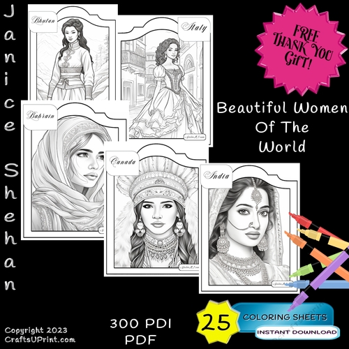 Beautiful women of the world printable sheets colour ing books children adult printable digital coloring sheets coloring pages coloring book