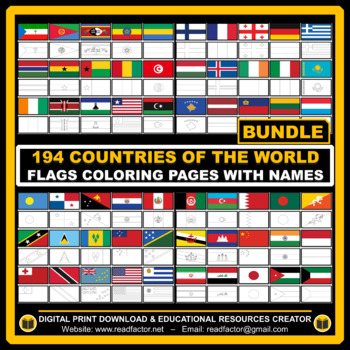 Bundle countries of the world flags coloring pages with names tpt