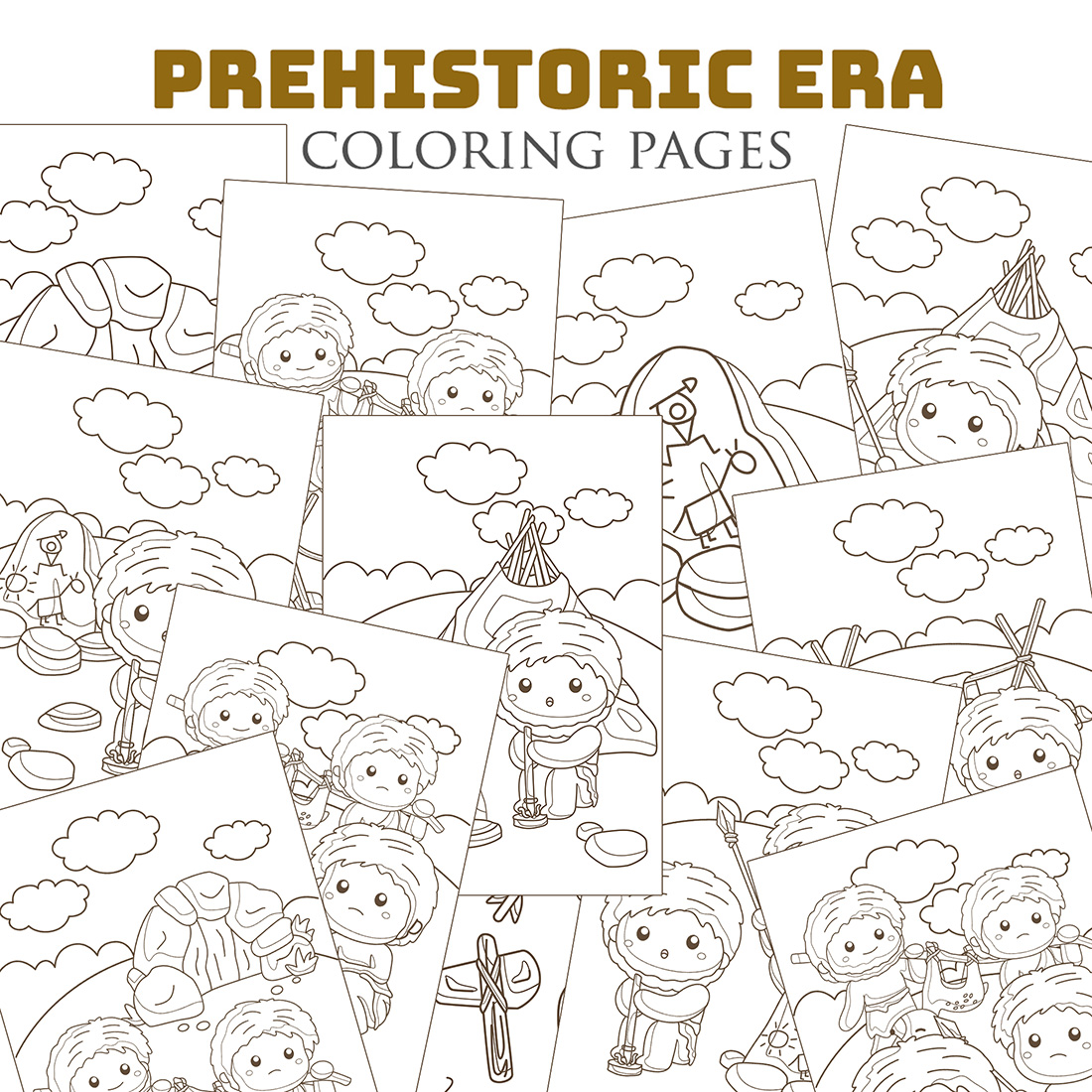 Cute funny ancient human people activity prehistoric era world period history discovery cartoon coloring pages for kids and adult