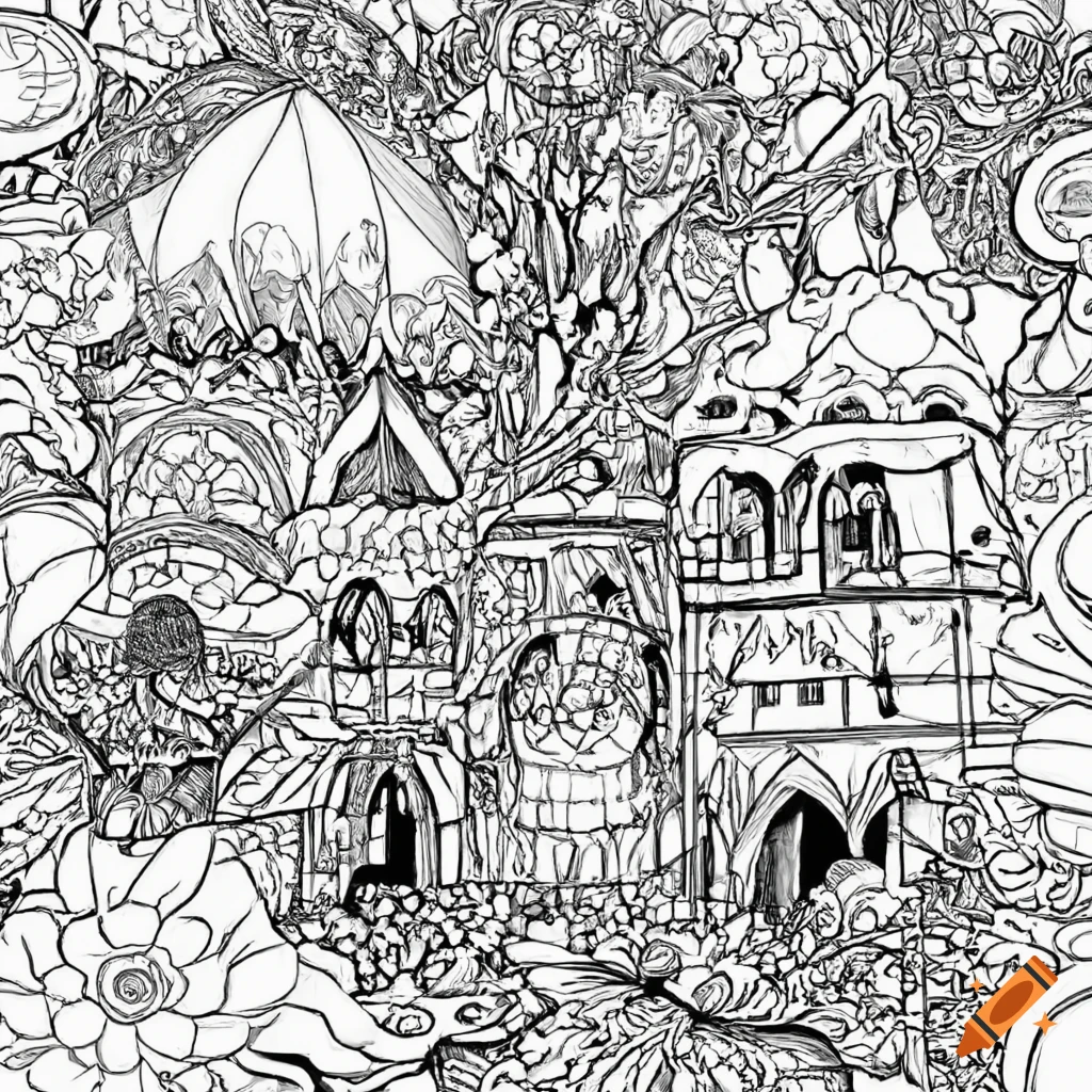 Fantasy world coloring page high resolution with variable black and white without backgroud on