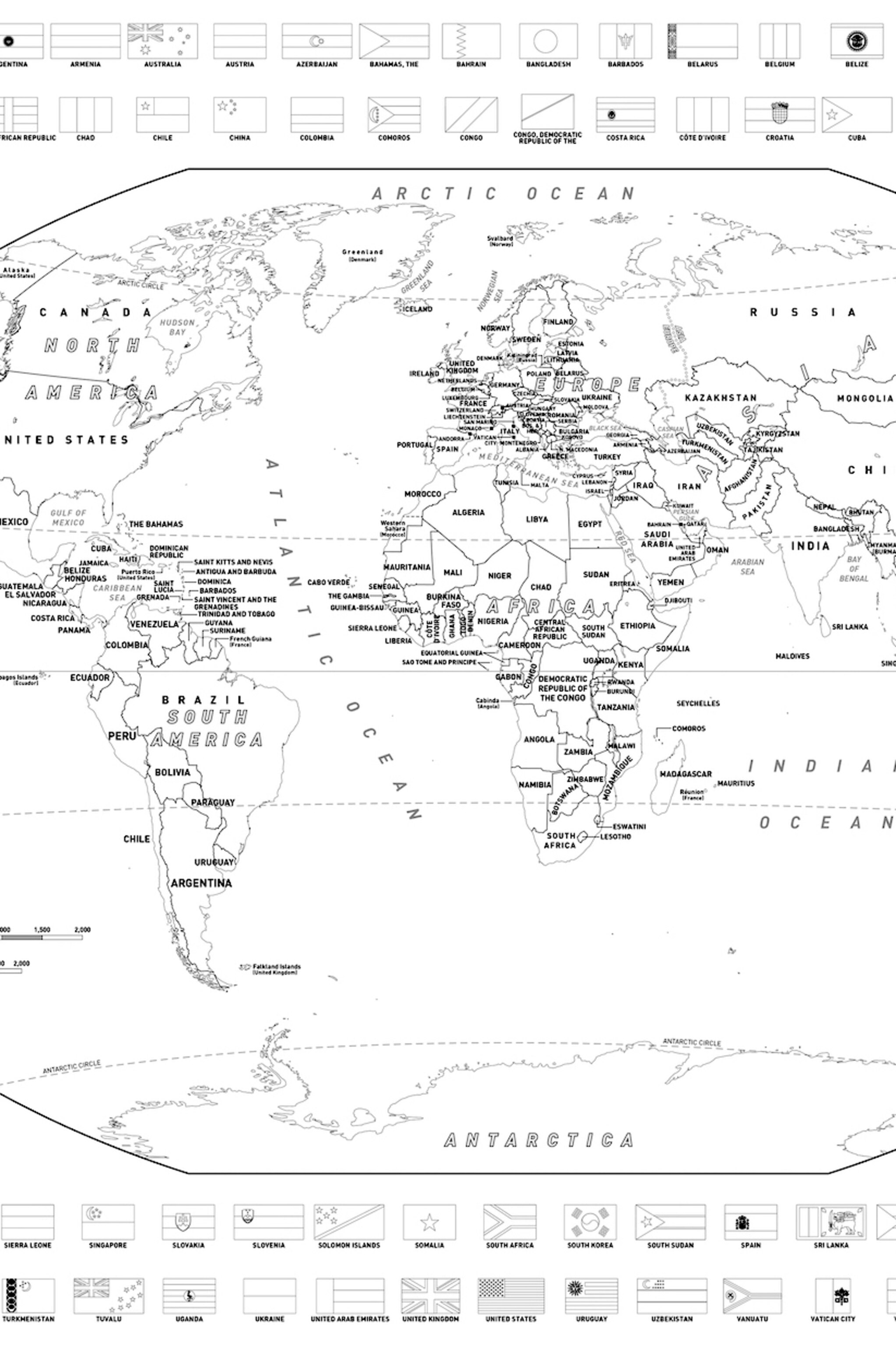 Download and color a free world or united states map with flags