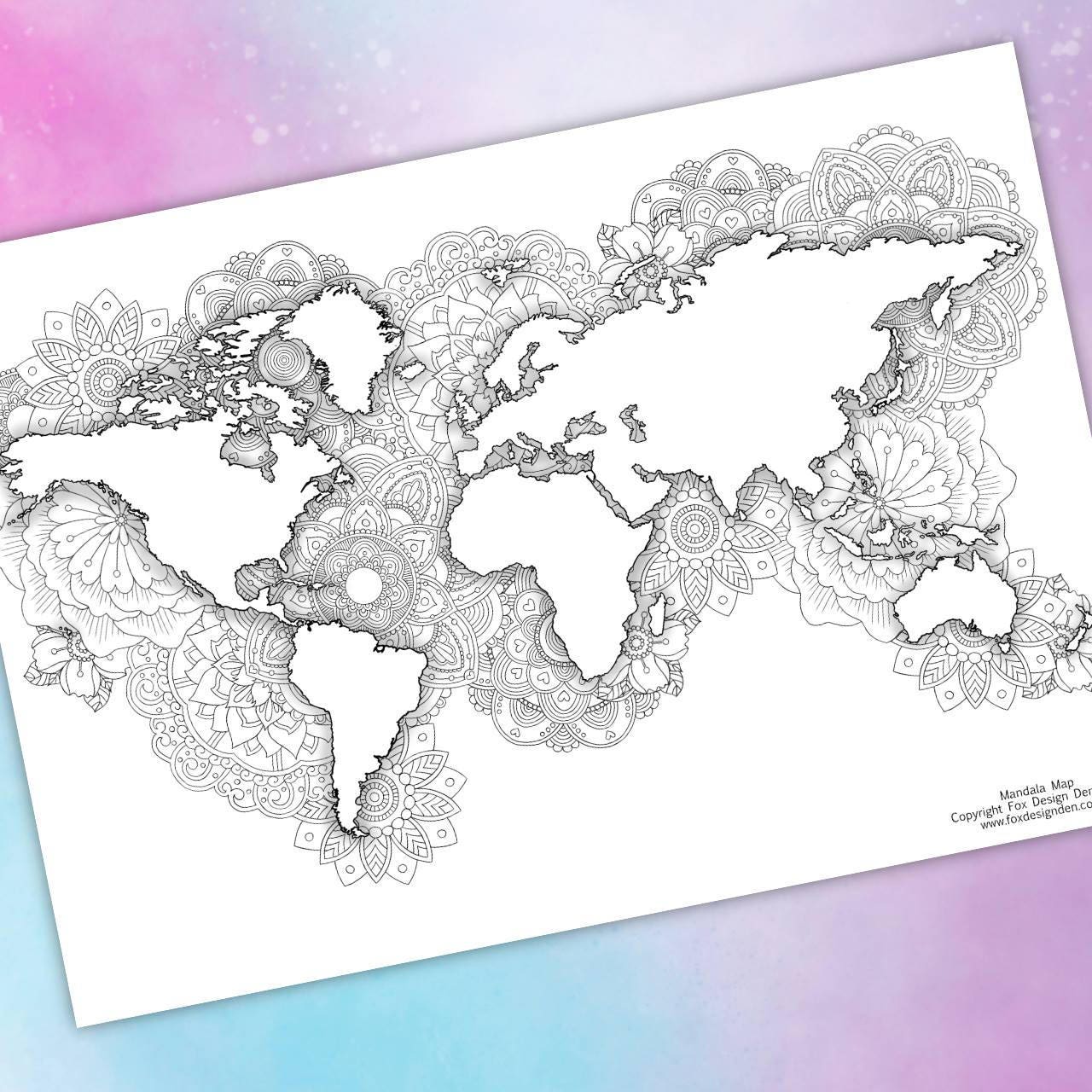 World map coloring page map colouring book printable mandala coloring pages for adults wanderlust art travel art print pdf download download now