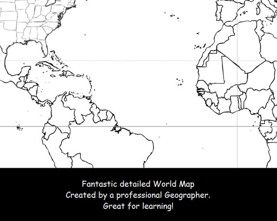 World map coloring page black white map countries outline map without labels x inch
