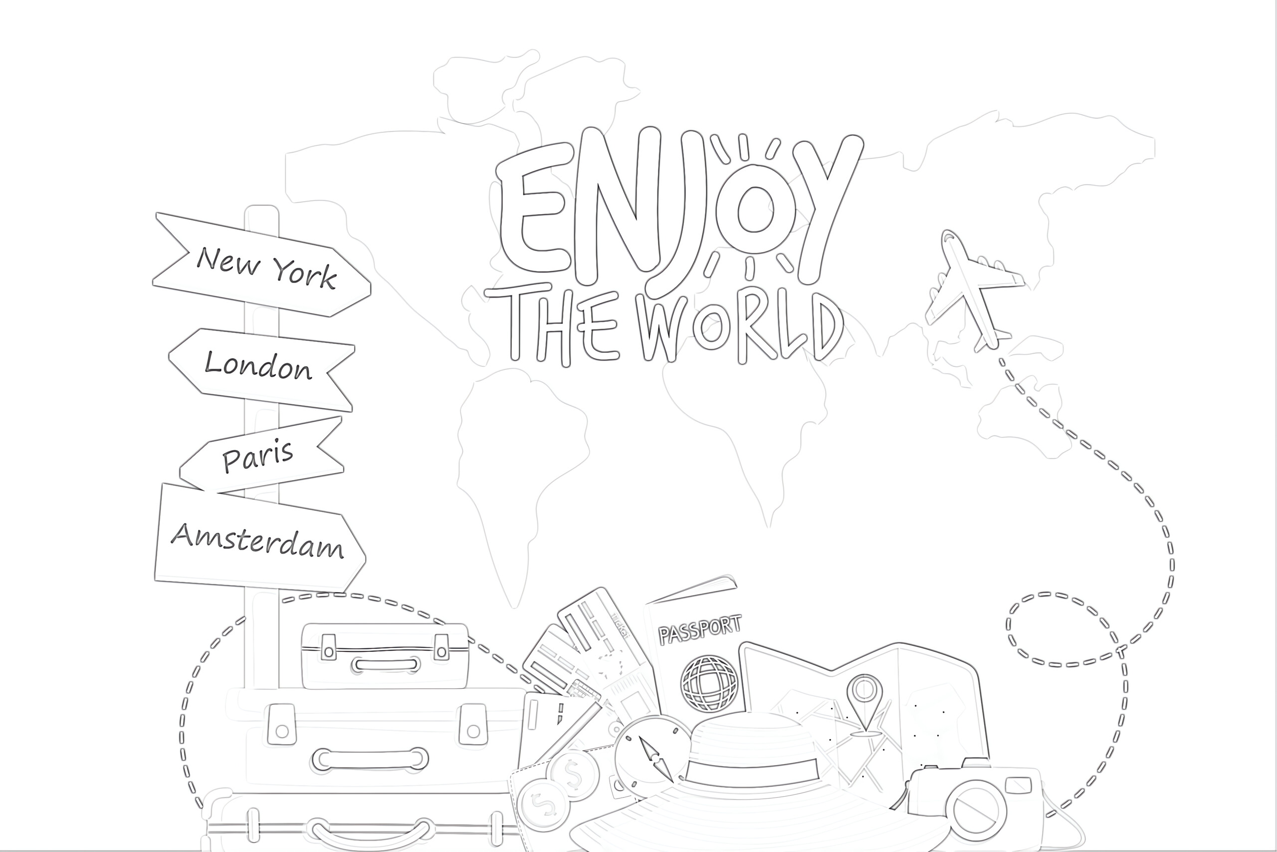 Printable world travel by airplane coloring page