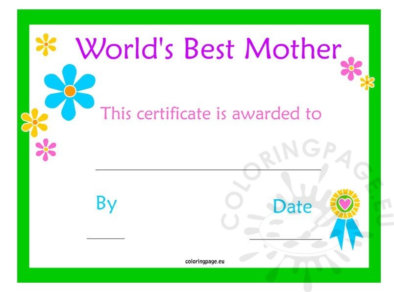 Mothers day certificate coloring page