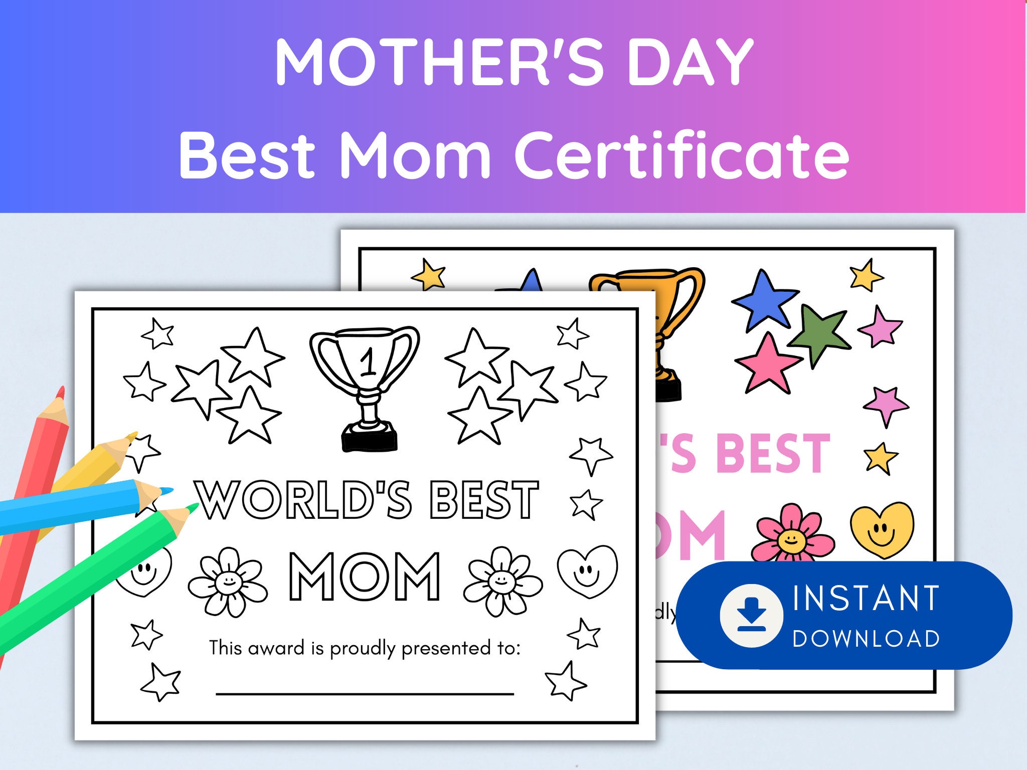 Worlds best mom mothers day certificate coloring activity sheet for kids to give to mothers instant download printable worksheet