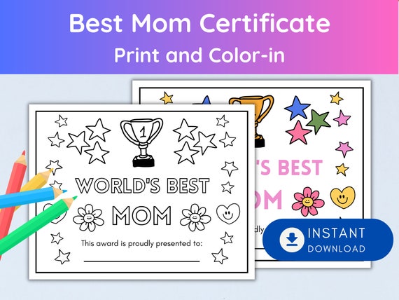 Worlds best mom mothers day certificate coloring