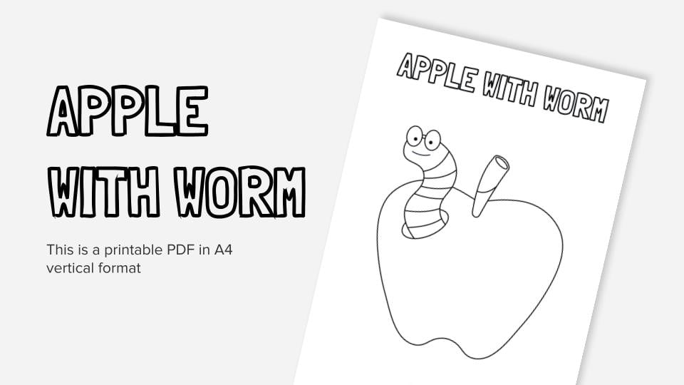 Apple with worm printable coloring worksheet