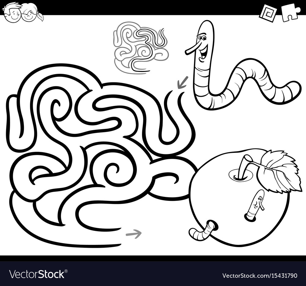 Maze with worm and apple coloring page royalty free vector