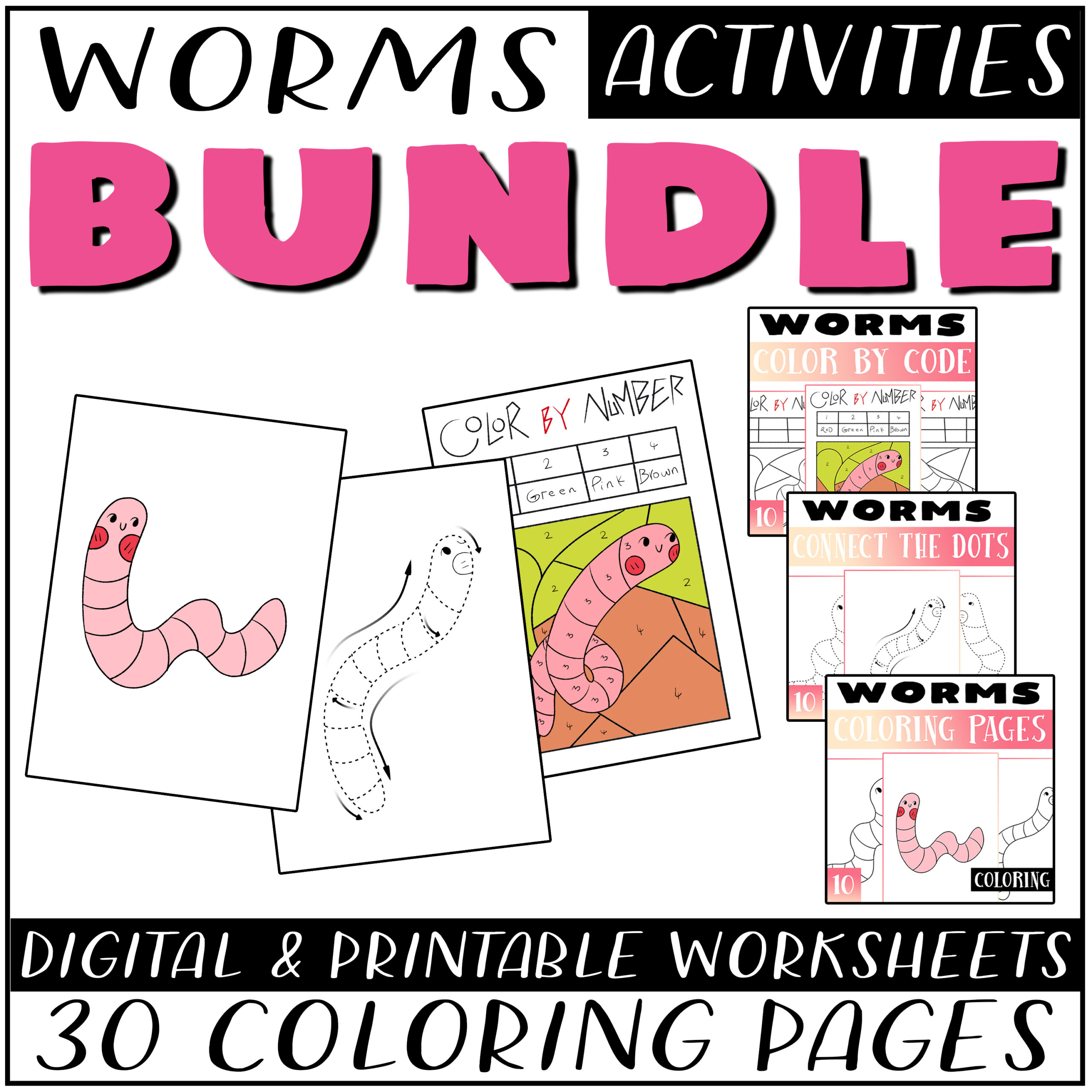 Worms activity bundle book worms coloring page color by number dot to dot made by teachers