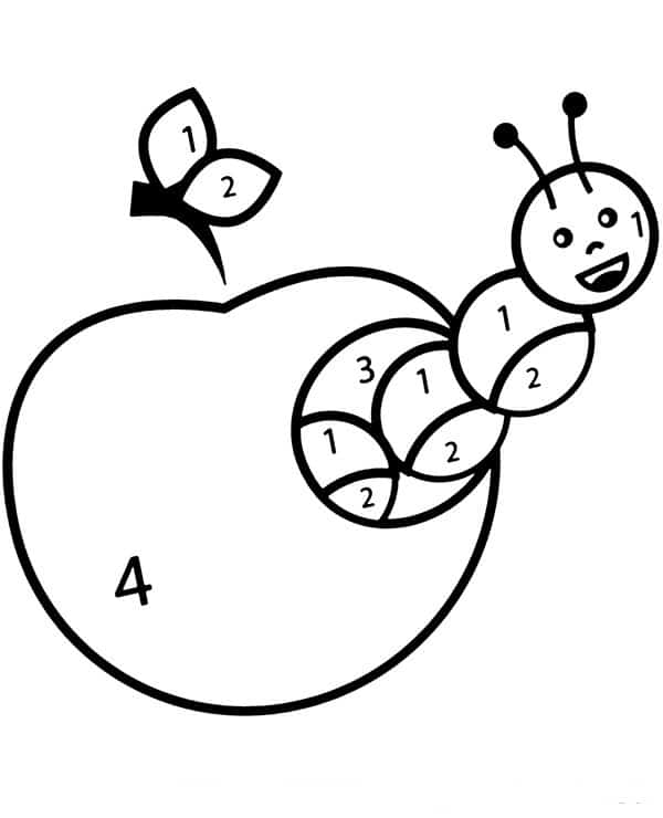 Drawing by numbers of a worm in an apple coloring page