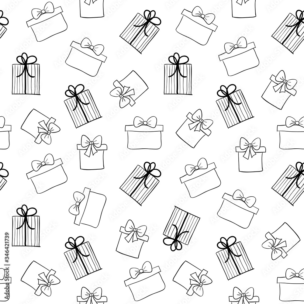 Doodle gift boxes seamless pattern vector hand drawn sketch presents background for wrapping paper coloring book vector