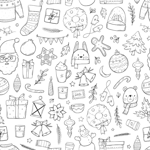 Premium vector christmas monochrome seamless pattern with doodles for coloring pages wrapping paper scrapbooking