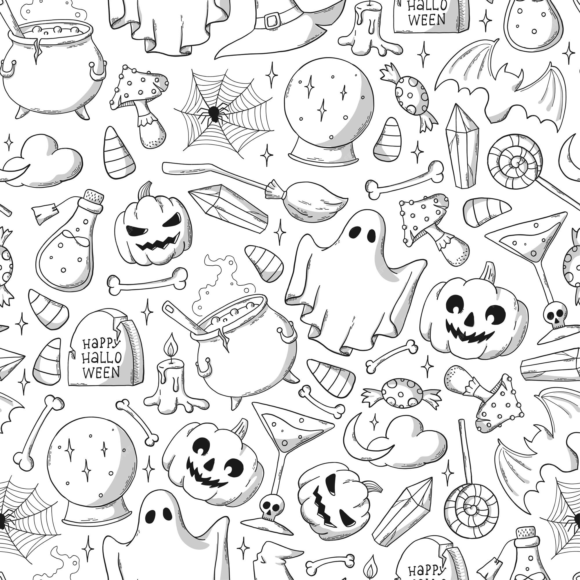 Premium vector halloween seamless pattern with hand drawn doodles for coloring pages wrapping paper wallpaper