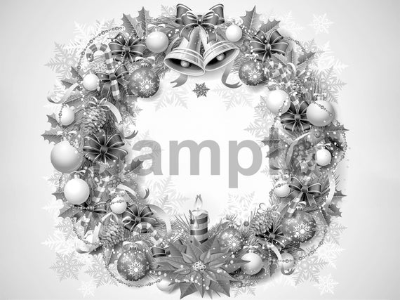 Christmas grayscale coloring page christmas wreath high resolution printable single coloring page with color guide download now