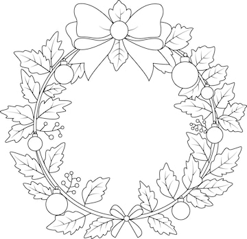 Premium vector coloring page a christmas wreath garland with ball decoration festive holiday wreath of flowers