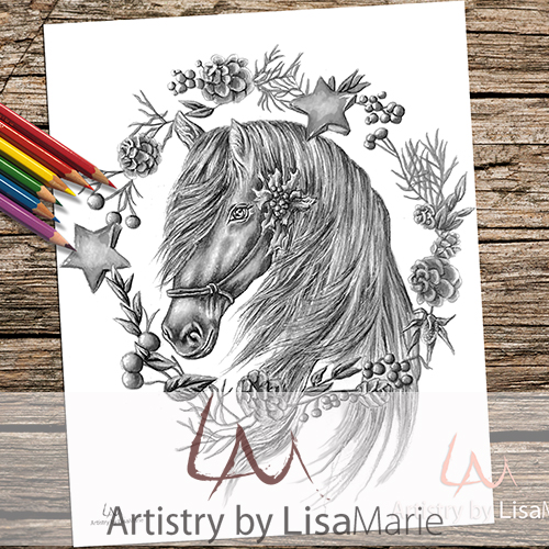 Horse with wreath printable coloring book page â artistry by lisa marie