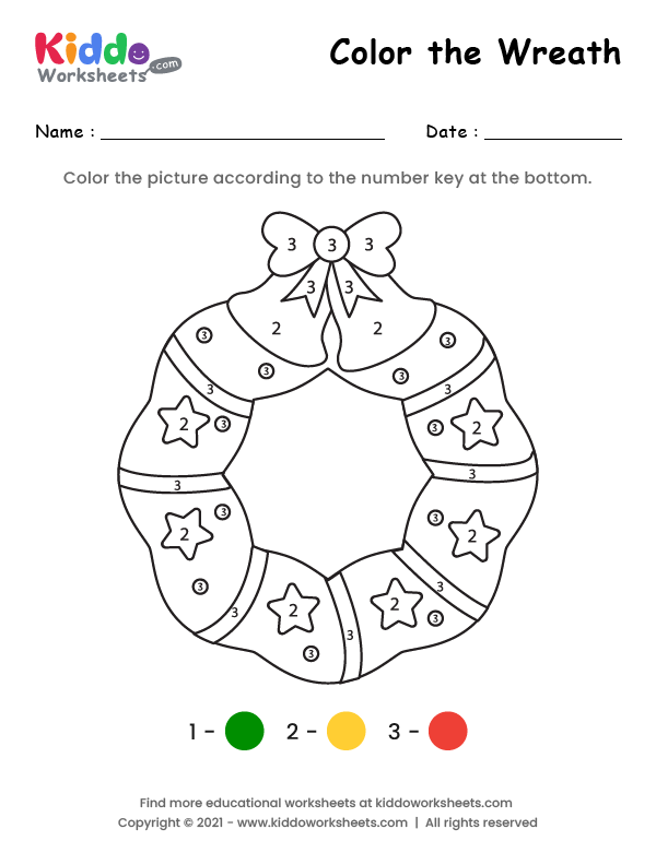 Free printable color christmas wreath worksheet