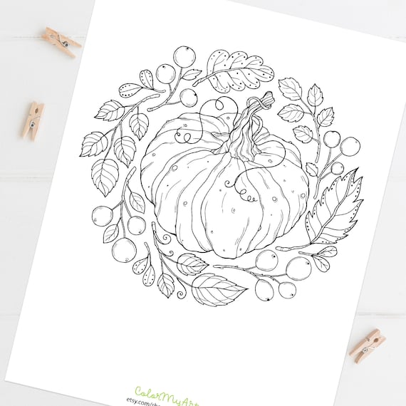 Pumpkin wreath coloring page fall wreath coloring sheet thanksgiving coloring adult coloring printable or digital