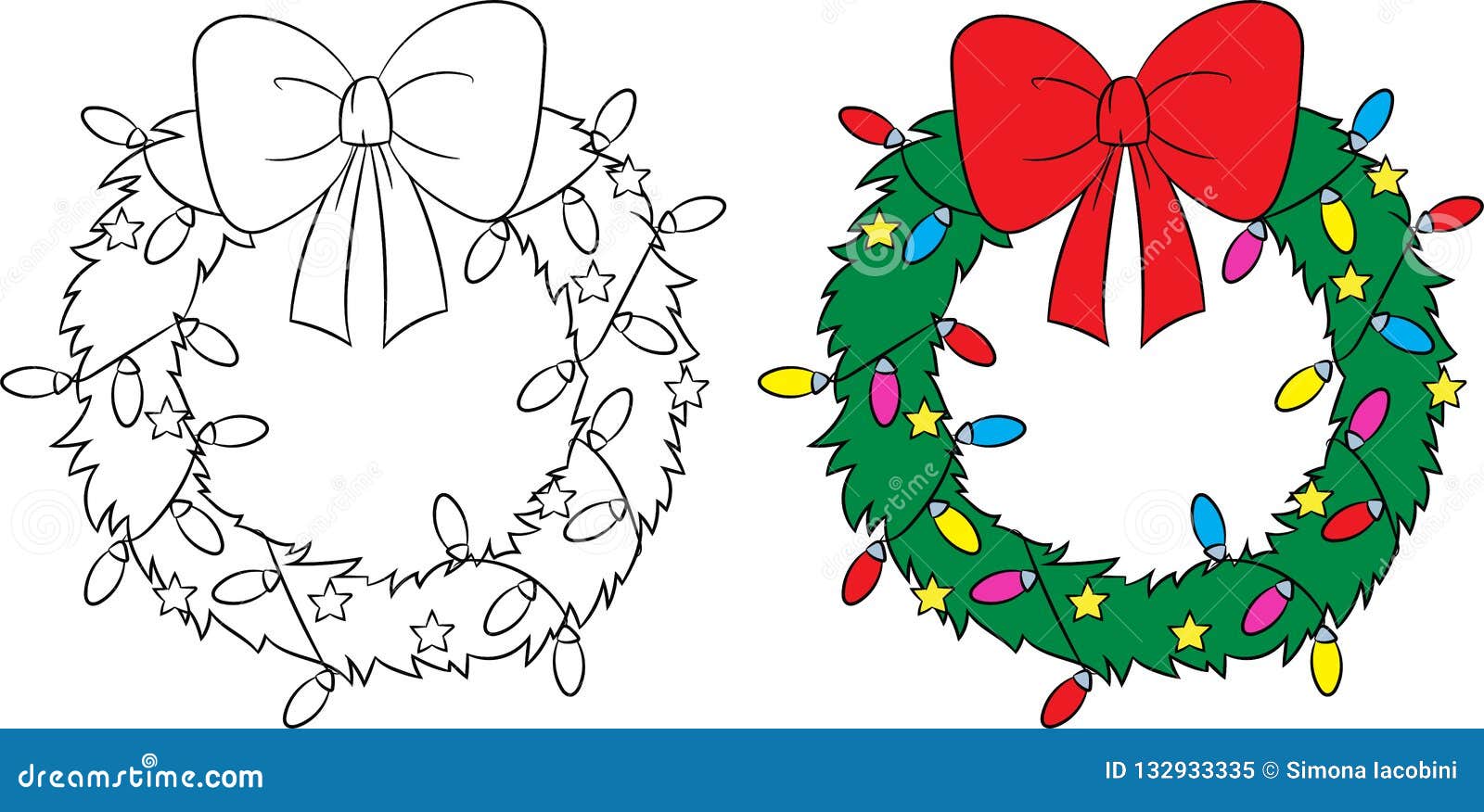 Before and after illustration of a christmas wreath color and black and white perfect for childrens coloring book stock vector