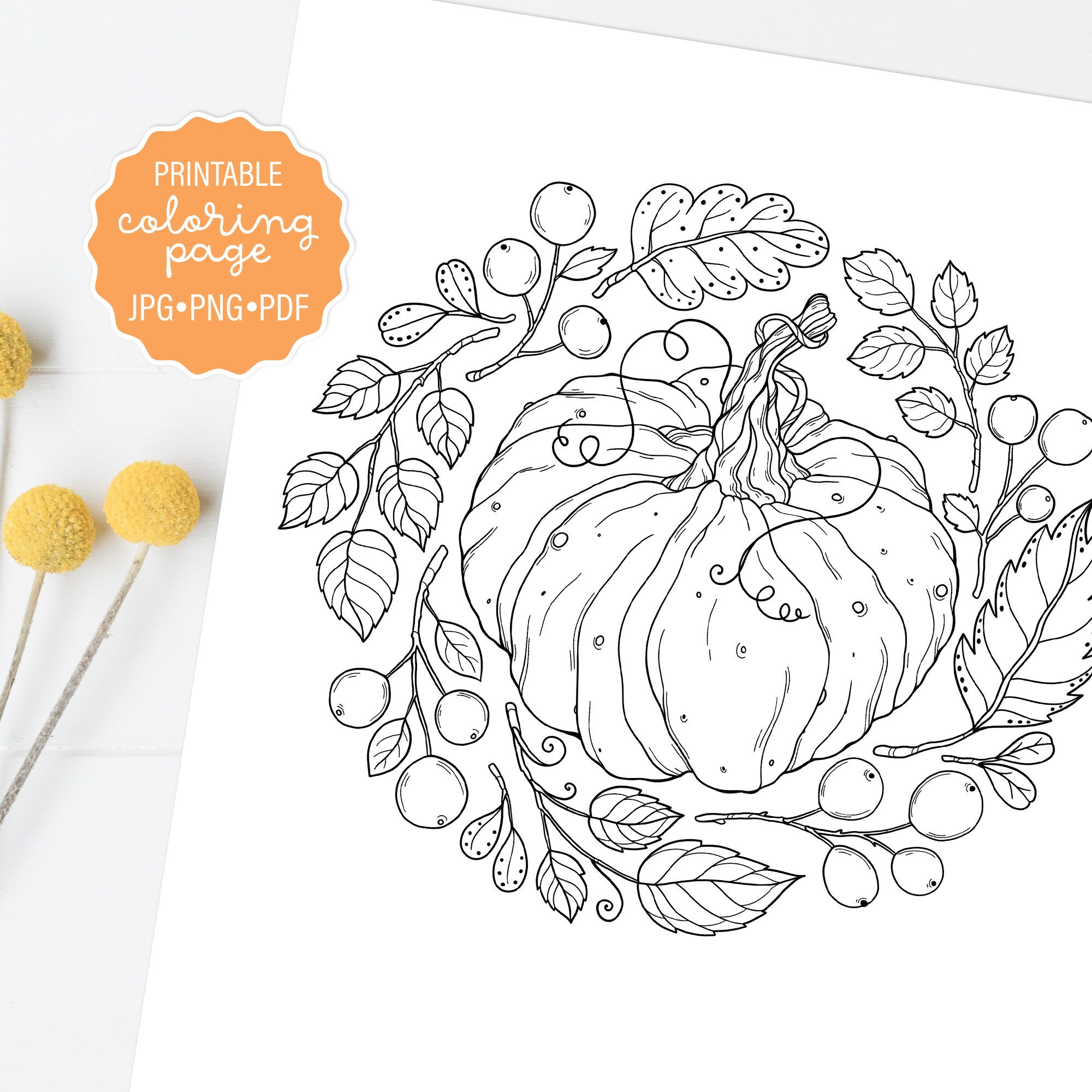 Pumpkin wreath coloring page fall wreath coloring sheet thanksgiving coloring adult coloring printable or digital