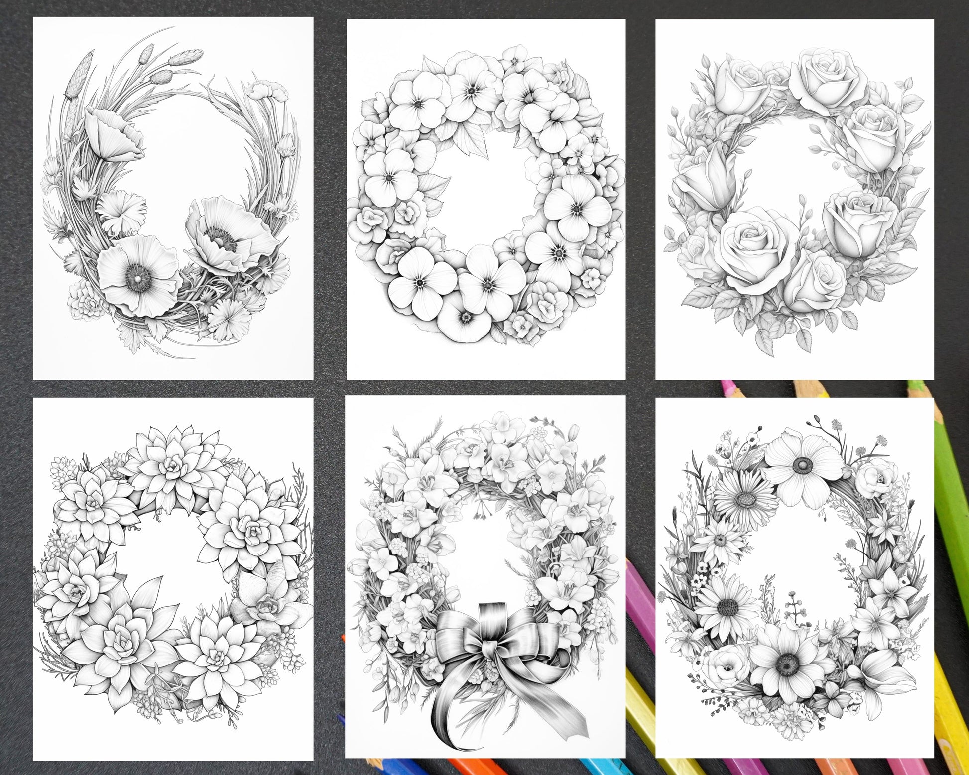 Spring floral wreaths grayscale adult coloring pages printable pdf â coloring