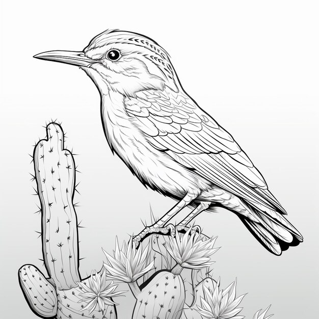 Premium ai image cactus wren drawings cute flat coloring book kawaii line art