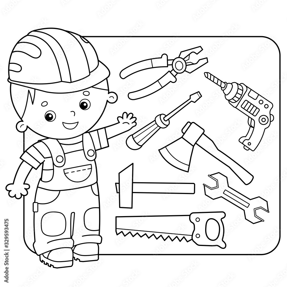 Set of household tools cartoon images of saw wrench pliers hammer axe screwdriver drill on white background coloring book for kids vector