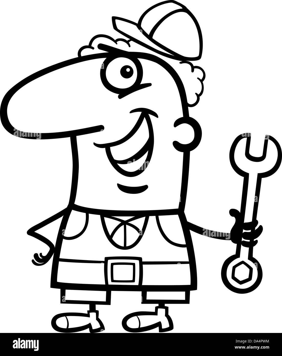 Black and white cartoon illustration of funny manual worker with wrench profession occupation coloring page stock photo