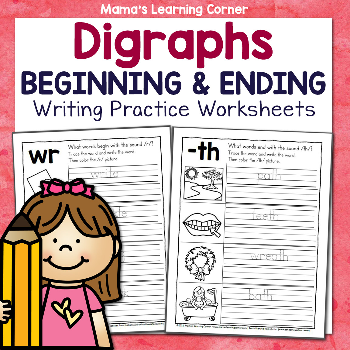 Beginning and ending digraph writing practice worksheets